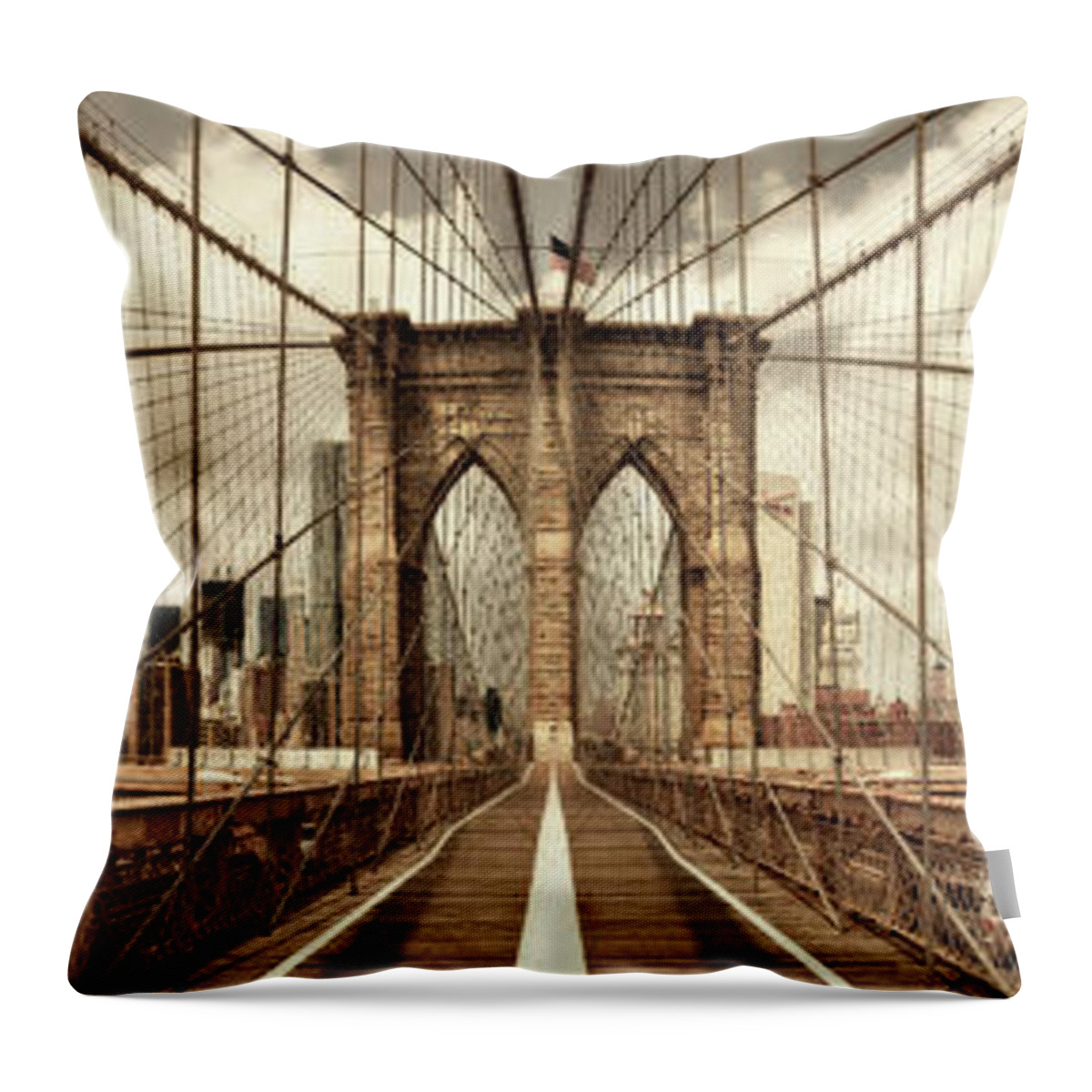 Brooklyn Throw Pillow featuring the photograph Brooklyn Bridge (sepia) by Shelley Lake