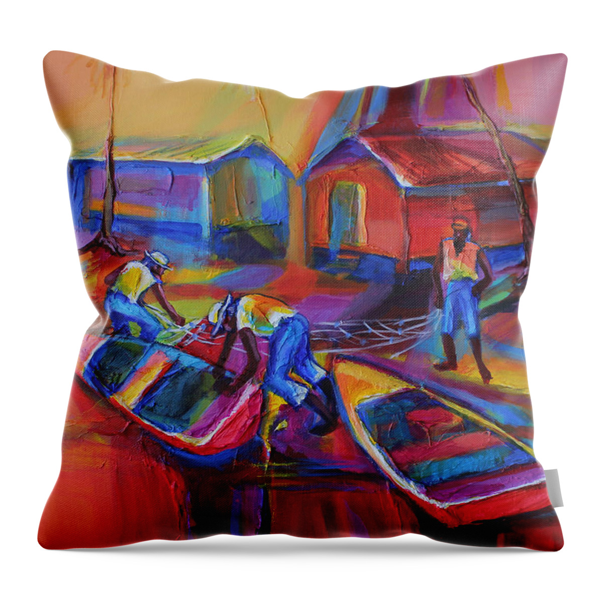 Abstract Throw Pillow featuring the painting Fishing Village by Cynthia McLean