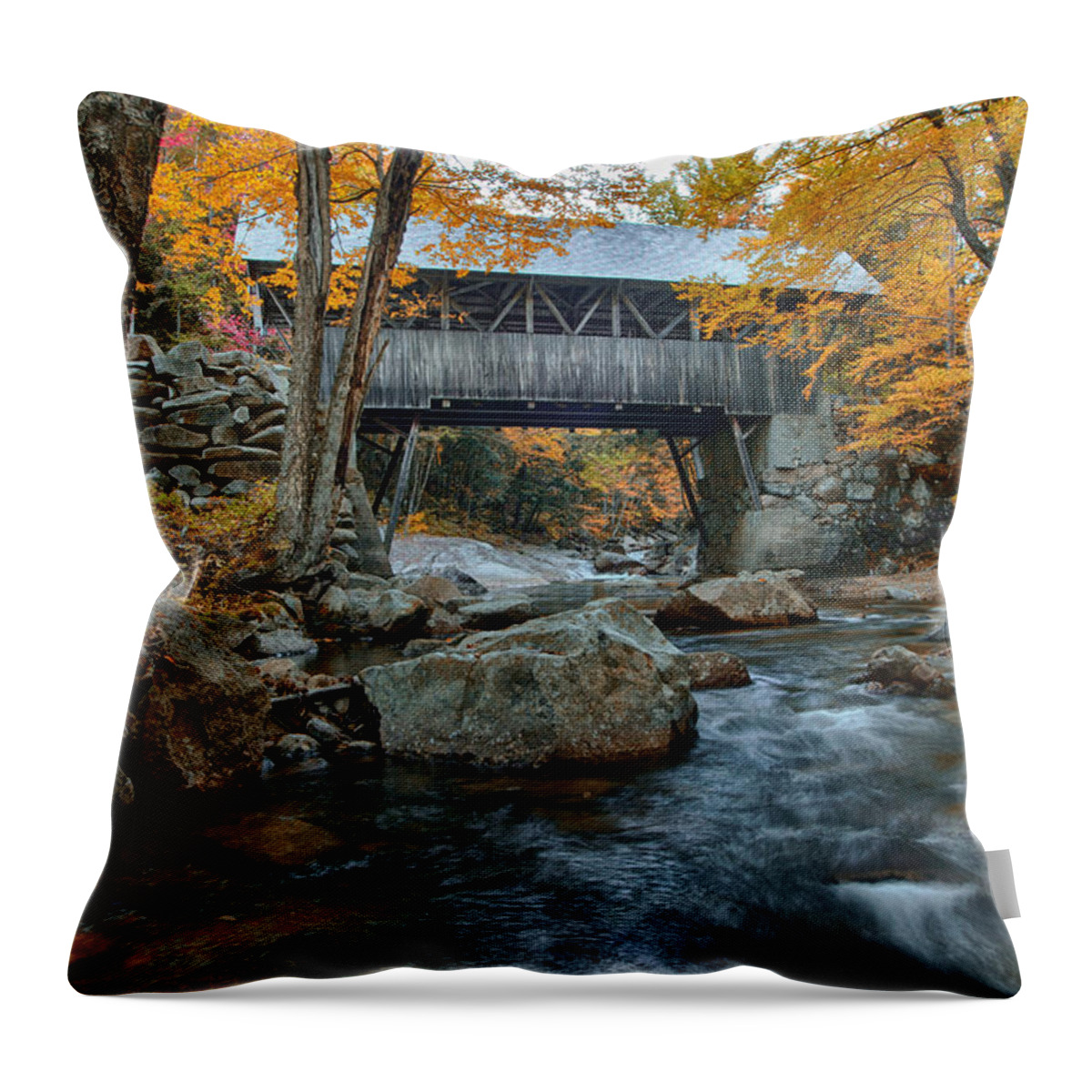 Flume Gorge Covered Bridge Throw Pillow featuring the photograph Flume Gorge covered bridge by Jeff Folger