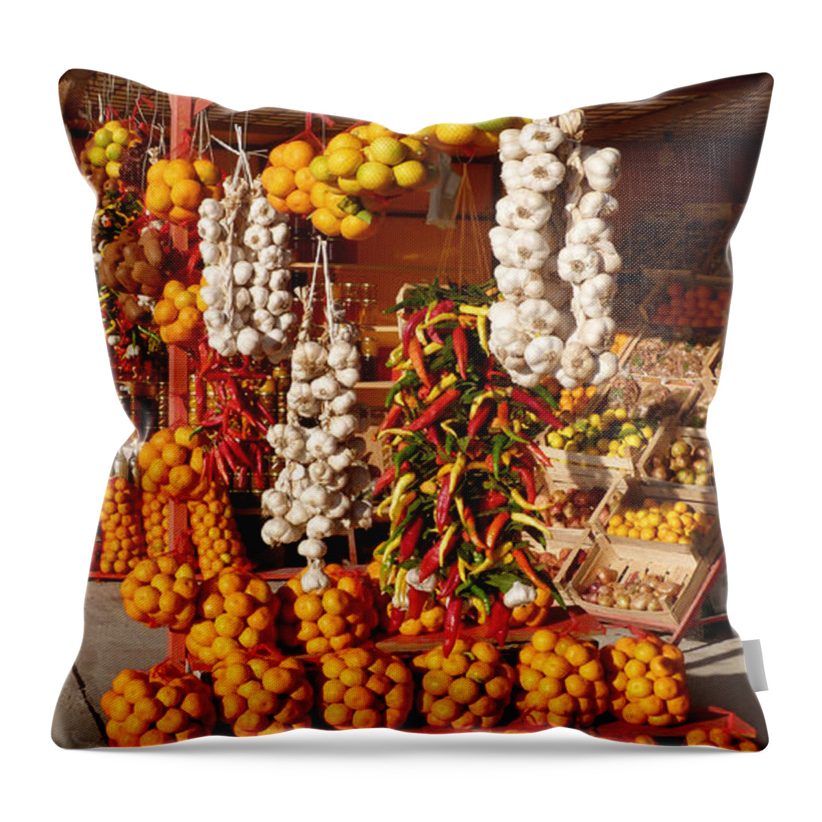 Fruit Throw Pillow featuring the photograph Fruit and Vegtable Stalls - Opuzen - Croatia by Phil Banks