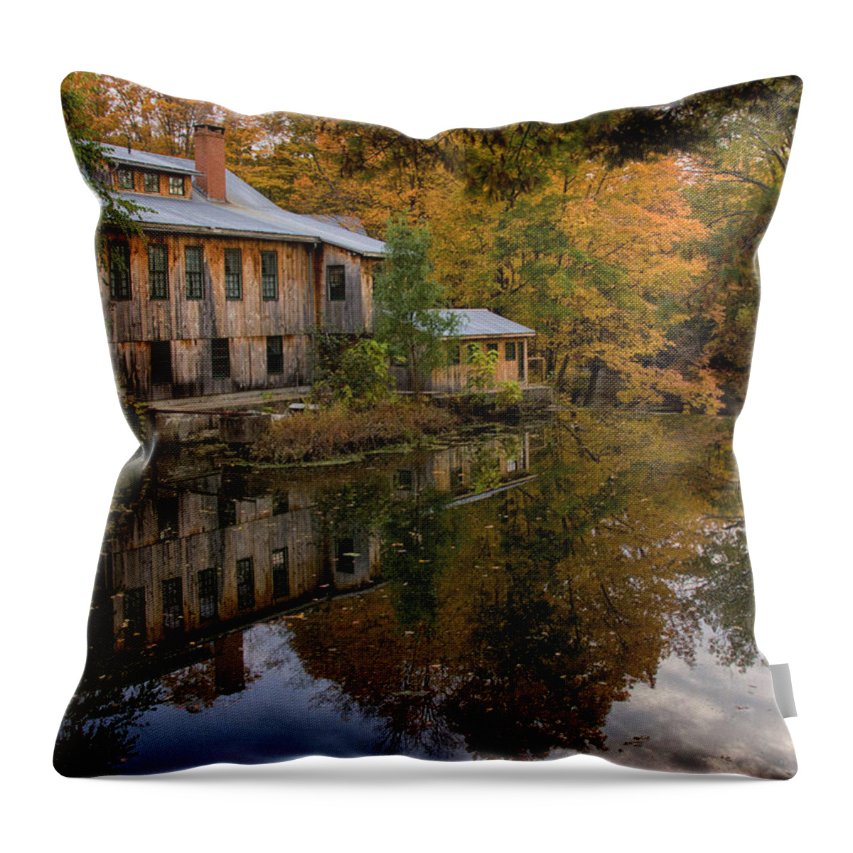New England Mill Throw Pillow featuring the photograph Hadley upper mill in autumn by Jeff Folger