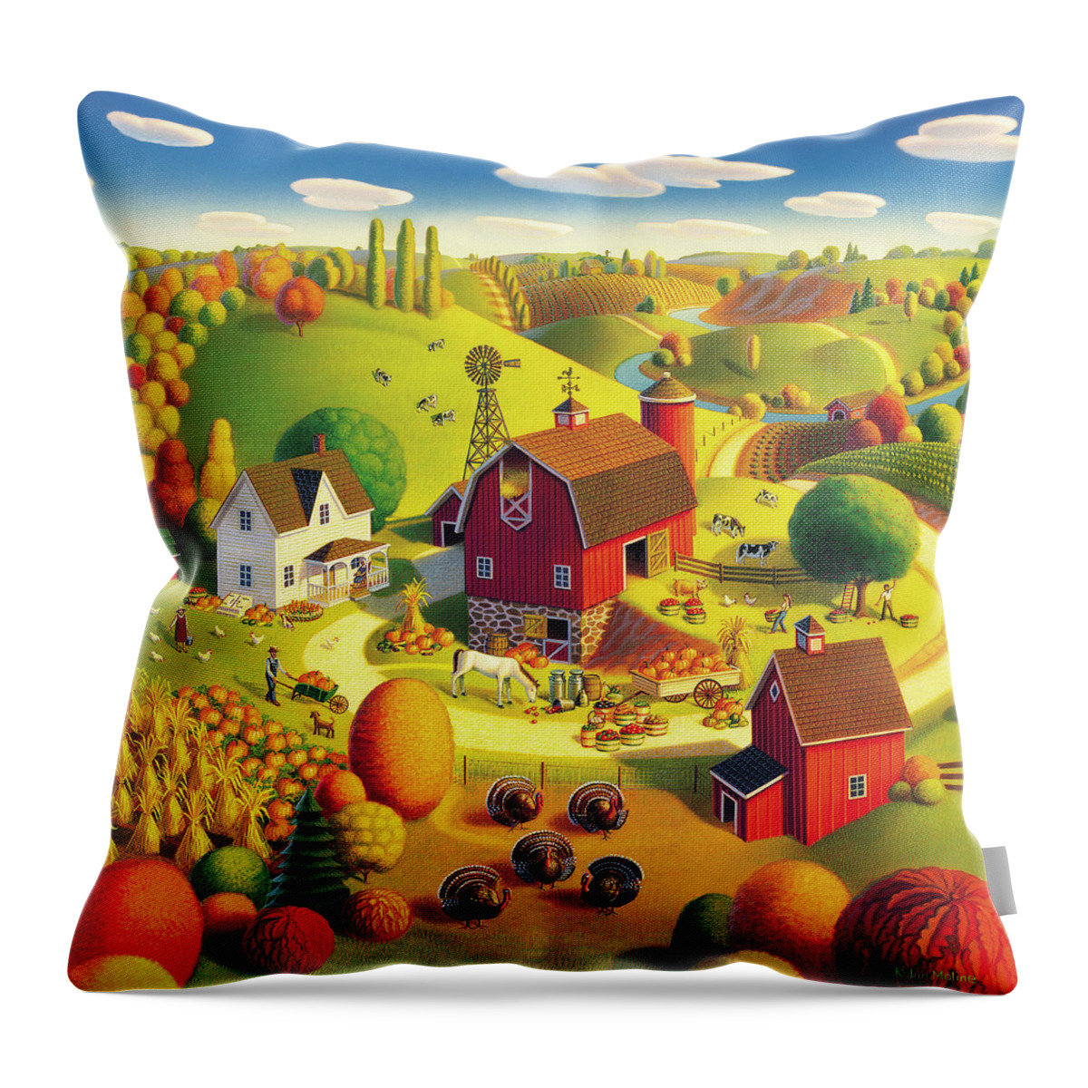  Harvest Landscape Throw Pillow featuring the painting Harvest Bounty by Robin Moline