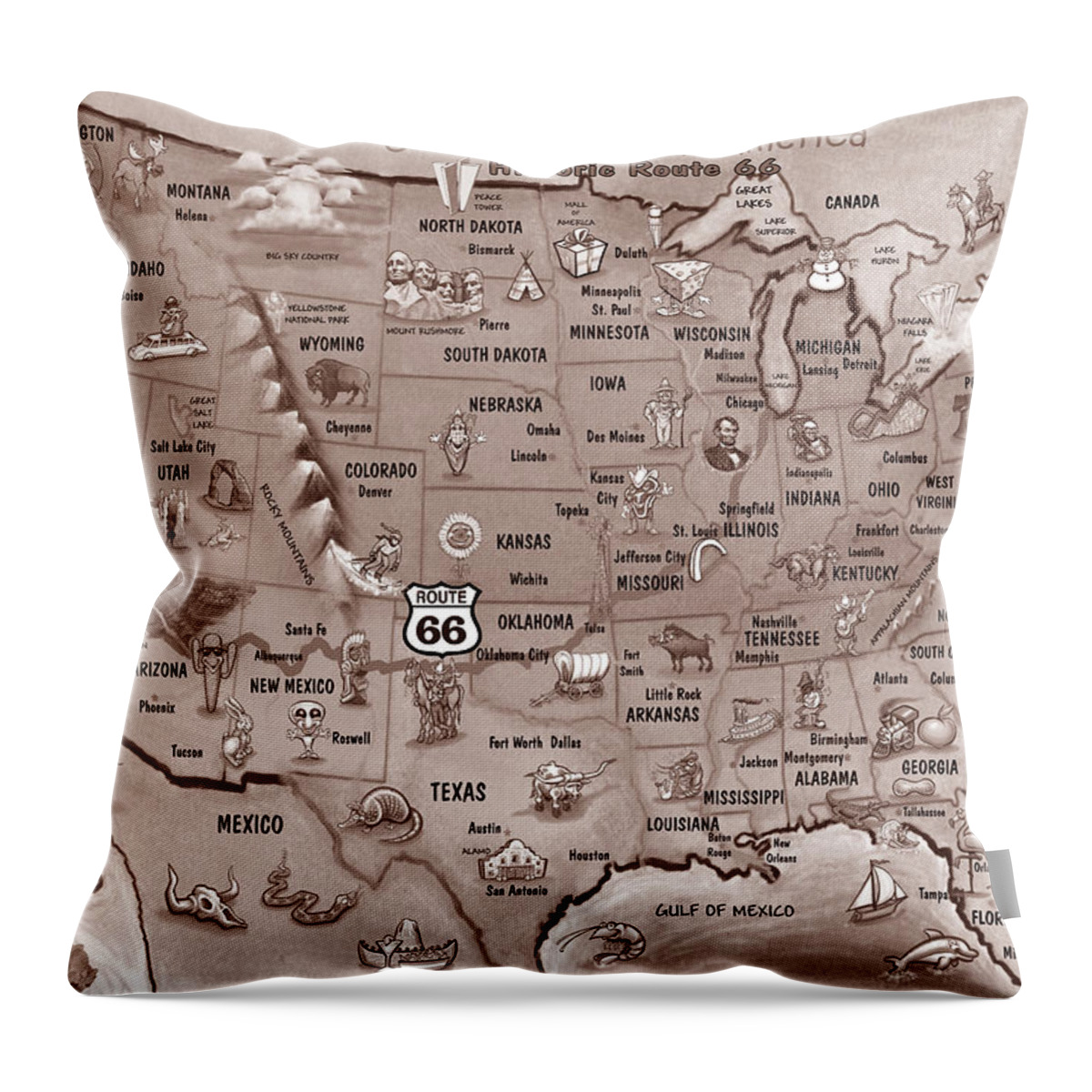 Route 66 Throw Pillow featuring the painting Historic Route 66 Cartoon Map by Kevin Middleton