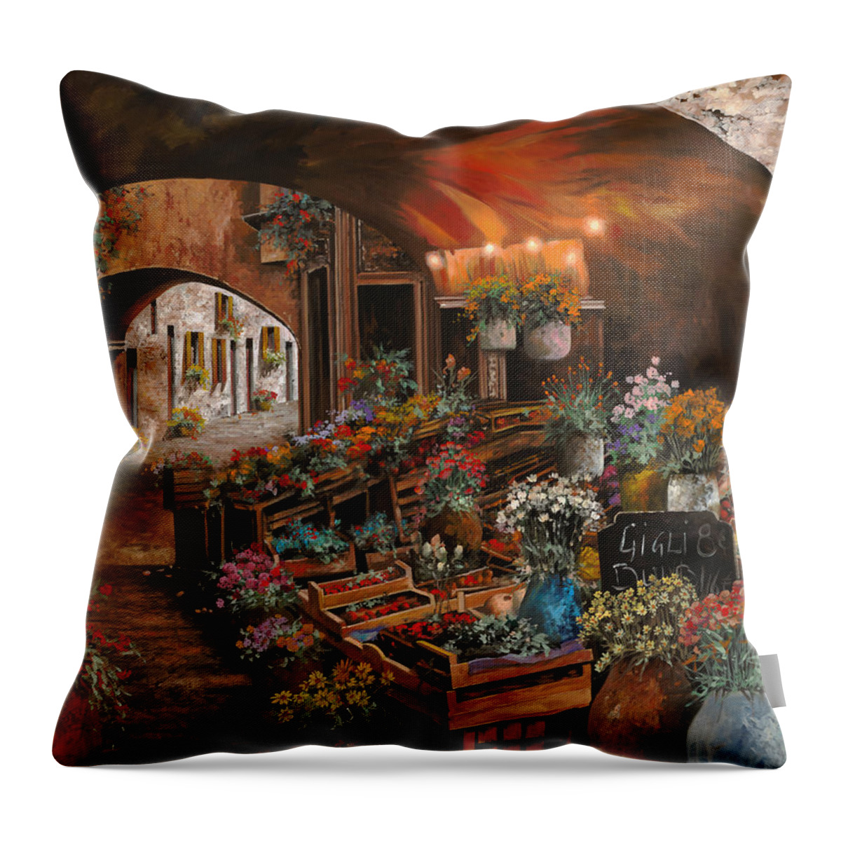 Flower Market Throw Pillow featuring the painting Il Mercato Dei Fiori by Guido Borelli