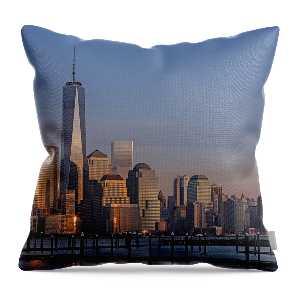 World Trade Center Throw Pillow featuring the photograph Lower Manhattan Skyline by Susan Candelario
