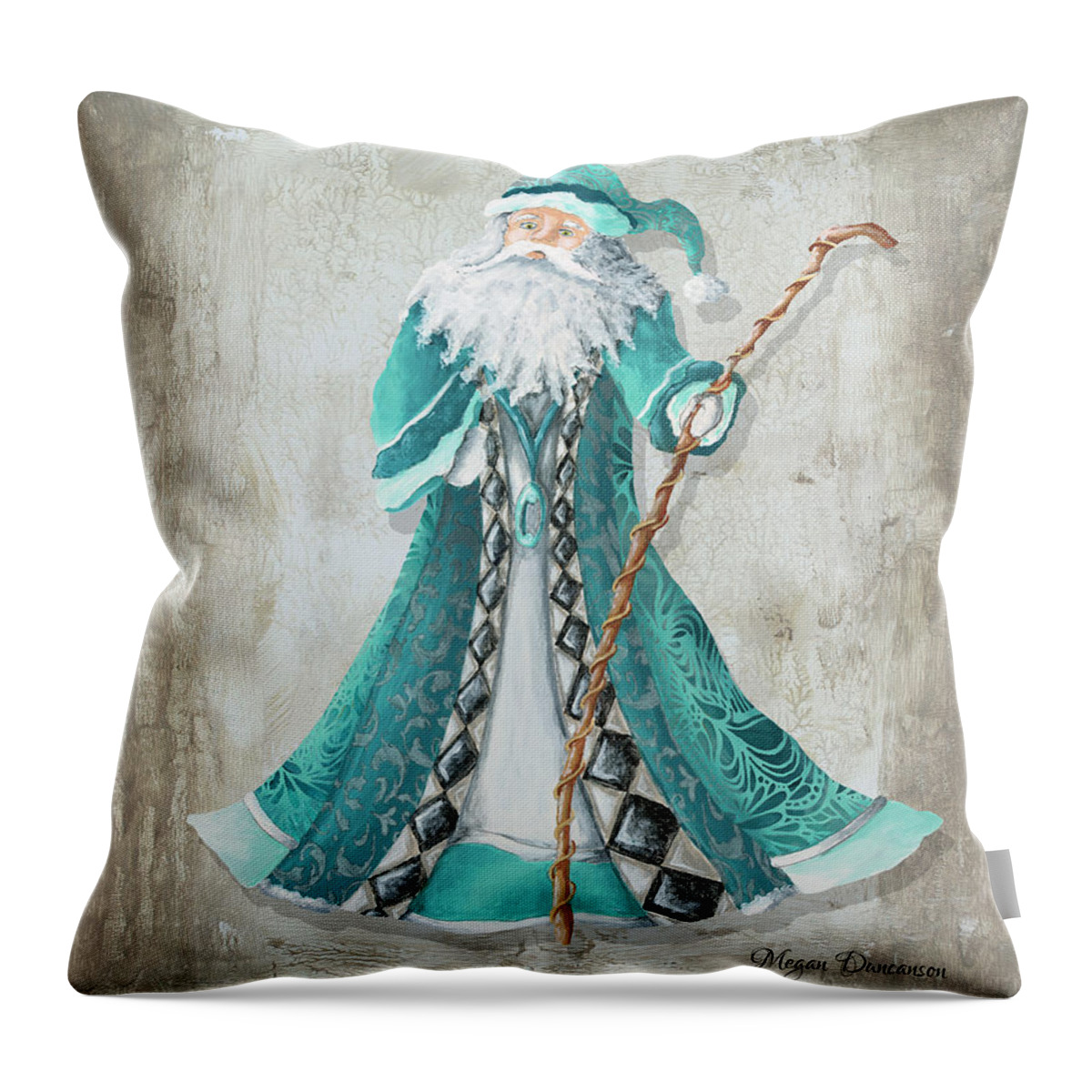 Santa Throw Pillow featuring the painting Old World Style Turquoise Aqua Teal Santa Claus Christmas Art by Megan Duncanson by Megan Duncanson