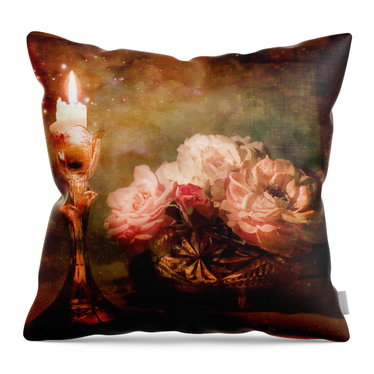 Vintage Still Life Throw Pillow featuring the photograph Roses By Candlelight by Theresa Tahara