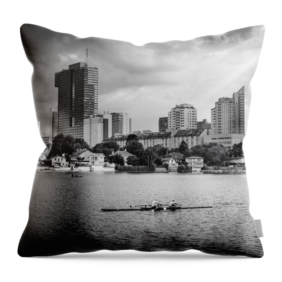 Skyline Throw Pillow featuring the photograph Rowing Boat And The Skyline Of Vienna by Andreas Berthold