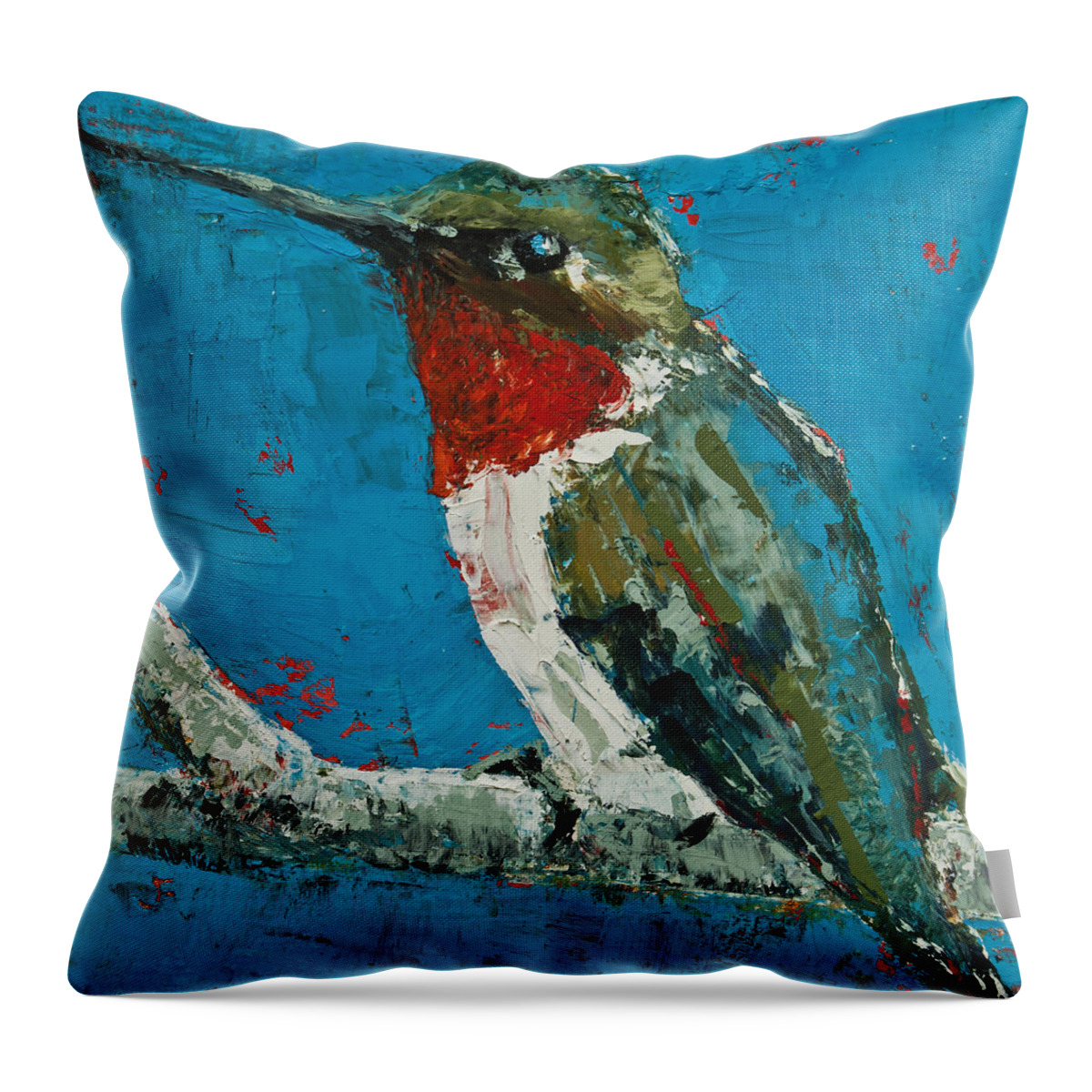 Hummingbird Throw Pillow featuring the painting Ruby-Throated Hummingbird by Jani Freimann