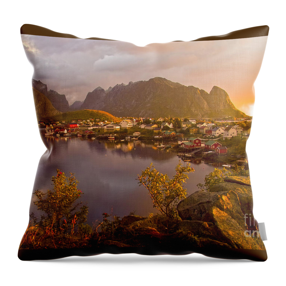 Reine Throw Pillow featuring the photograph The day begins in Reine by Heiko Koehrer-Wagner
