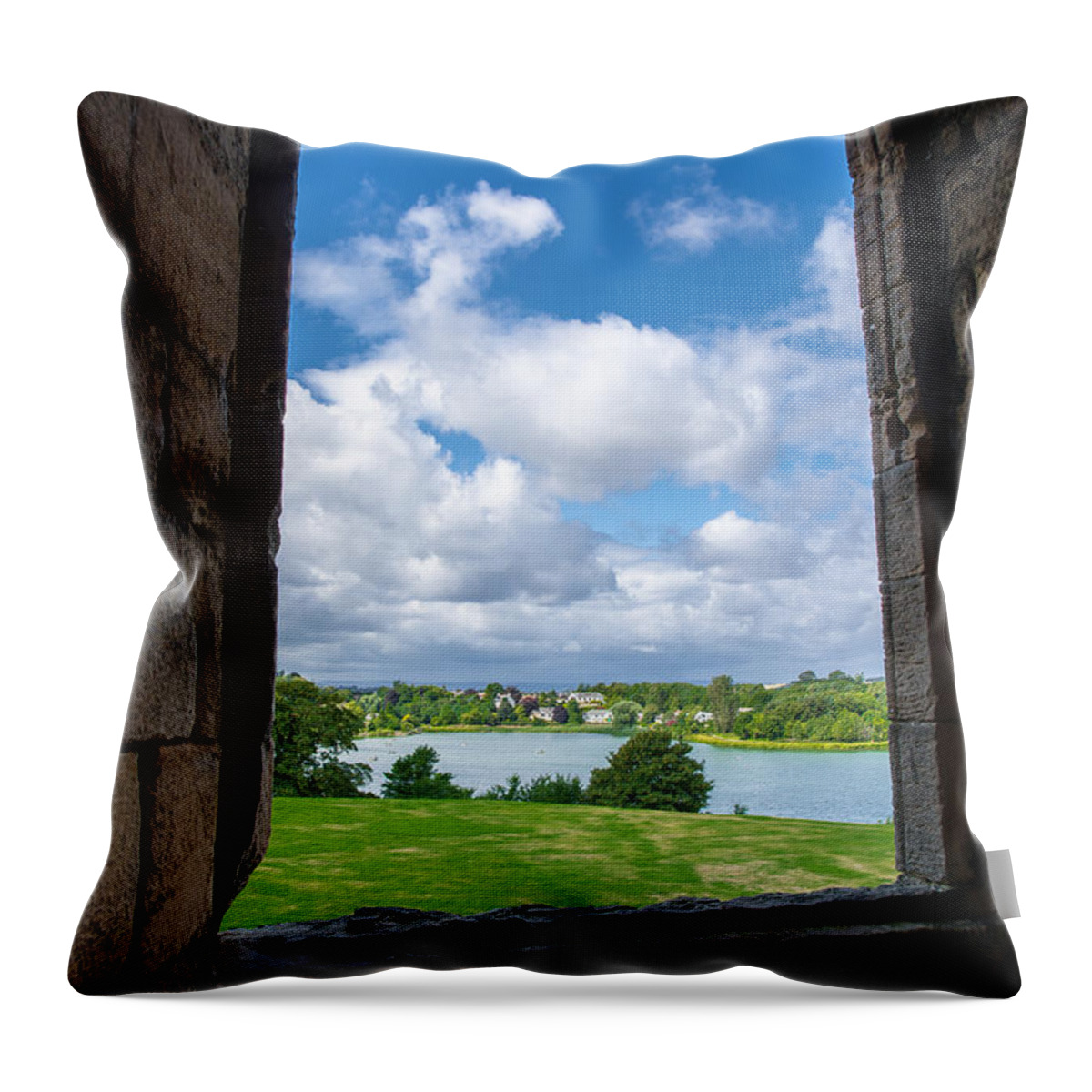Scotland Throw Pillow featuring the photograph Window in Linlithgow Palace with view to a beautiful scottish landscape by Andreas Berthold