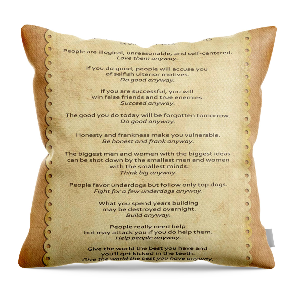 The Paradoxical Commandments Throw Pillow featuring the photograph 159- The Paradoxical Commandments by Joseph Keane