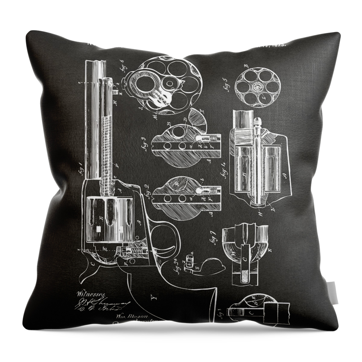 Colt Peacemaker Throw Pillow featuring the digital art 1875 Colt Peacemaker Revolver Patent Artwork - Gray by Nikki Marie Smith