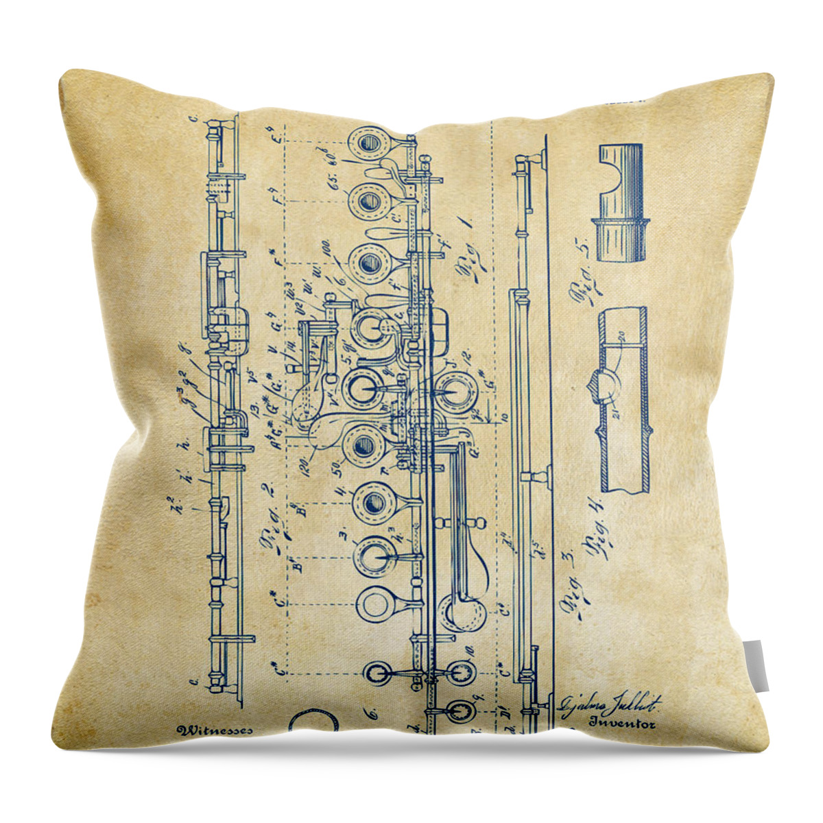 Flute Throw Pillow featuring the digital art 1908 Flute Patent - Vintage by Nikki Marie Smith