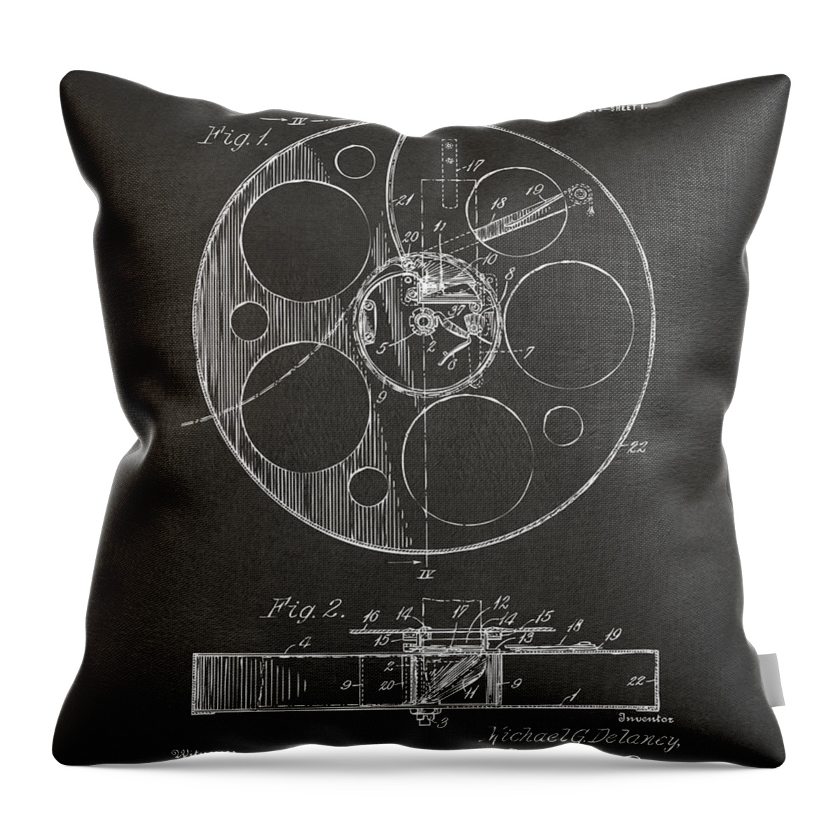 Movie Throw Pillow featuring the digital art 1915 Movie Film Reel Patent Gray by Nikki Marie Smith