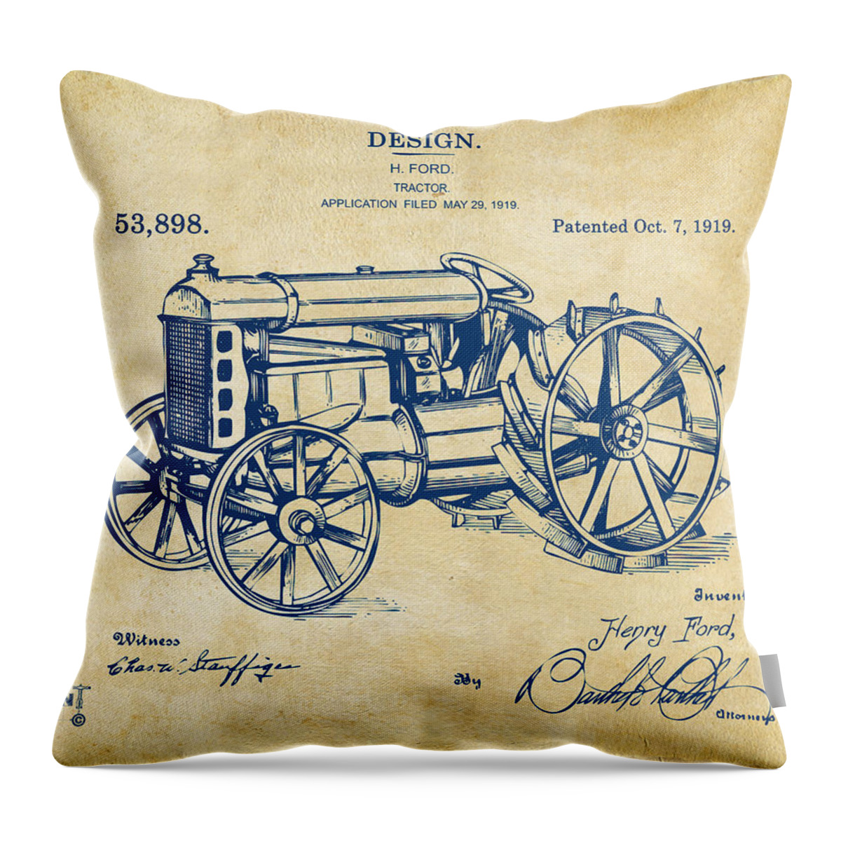 Henry Ford Throw Pillow featuring the digital art 1919 Henry Ford Tractor Patent Vintage by Nikki Marie Smith