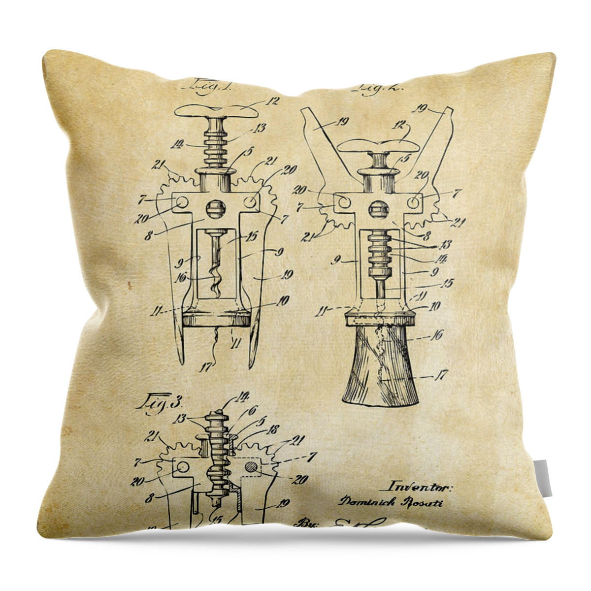 Corkscrew Throw Pillow featuring the digital art 1928 Cork Extractor Patent Art - Vintage Black by Nikki Marie Smith