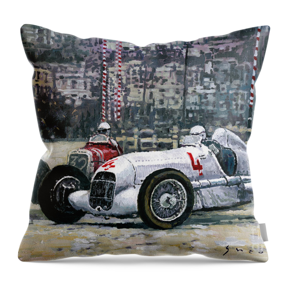 Automotive Throw Pillow featuring the painting 1935 Monaco GP Mercedes-Benz W25 #4 L. Fagioli winner by Yuriy Shevchuk