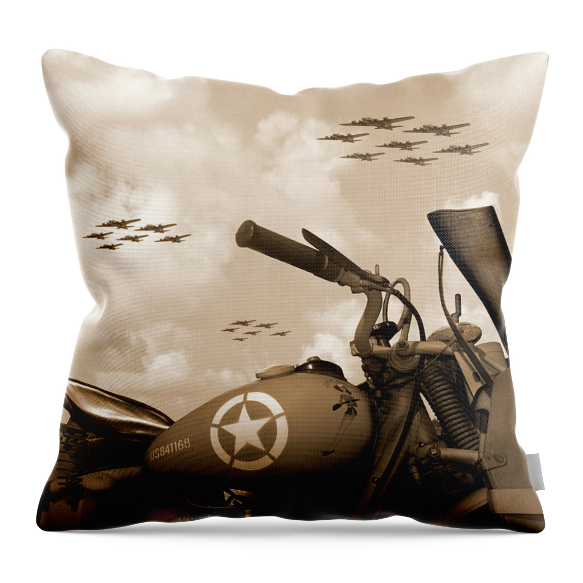 Warbirds Throw Pillow featuring the photograph 1942 Indian 841 - B-17 Flying Fortress' by Mike McGlothlen