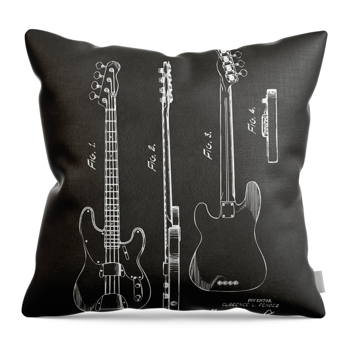 Fender Guitar Throw Pillow featuring the digital art 1953 Fender Bass Guitar Patent Artwork - Gray by Nikki Marie Smith