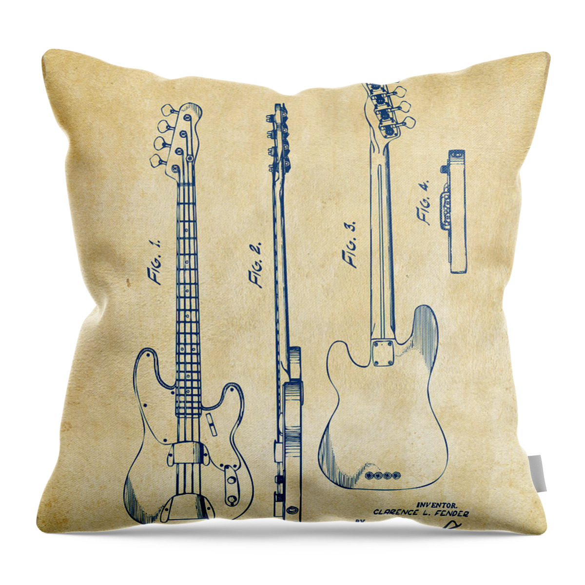 Fender Guitar Throw Pillow featuring the digital art 1953 Fender Bass Guitar Patent Artwork - Vintage by Nikki Marie Smith