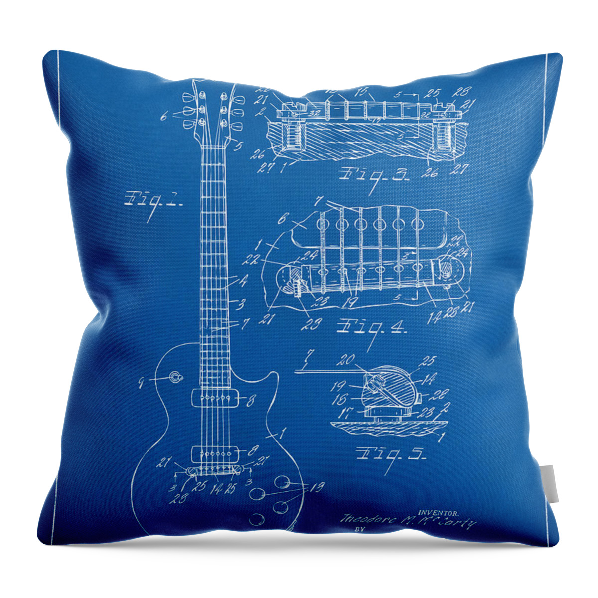 Guitar Throw Pillow featuring the digital art 1955 McCarty Gibson Les Paul Guitar Patent Artwork Blueprint by Nikki Marie Smith