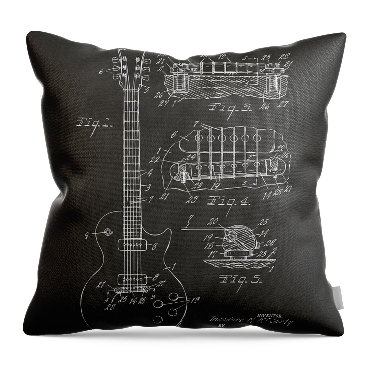 Guitar Throw Pillow featuring the digital art 1955 McCarty Gibson Les Paul Guitar Patent Artwork - Gray by Nikki Marie Smith