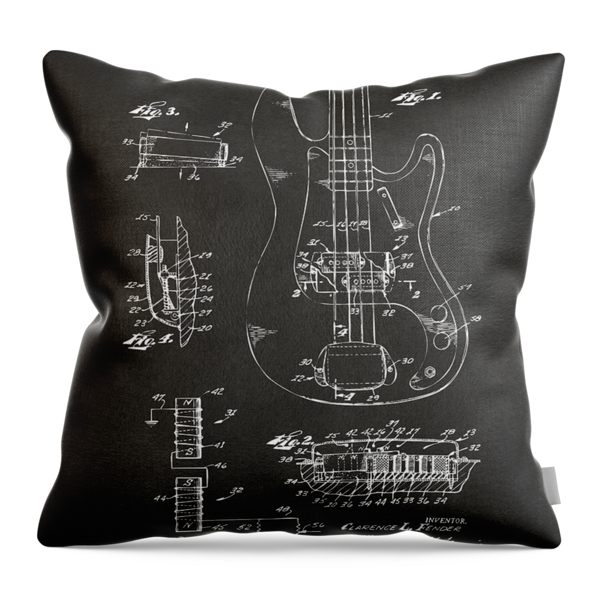 Guitar Throw Pillow featuring the digital art 1961 Fender Guitar Patent Artwork - Gray by Nikki Marie Smith