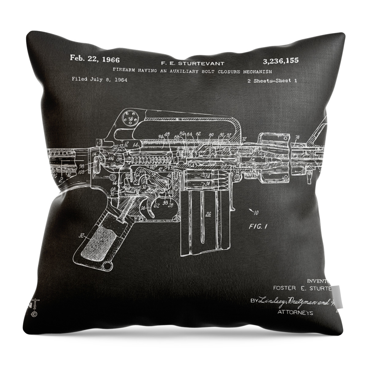 M-16 Throw Pillow featuring the digital art 1966 M-16 Gun Patent Gray by Nikki Marie Smith