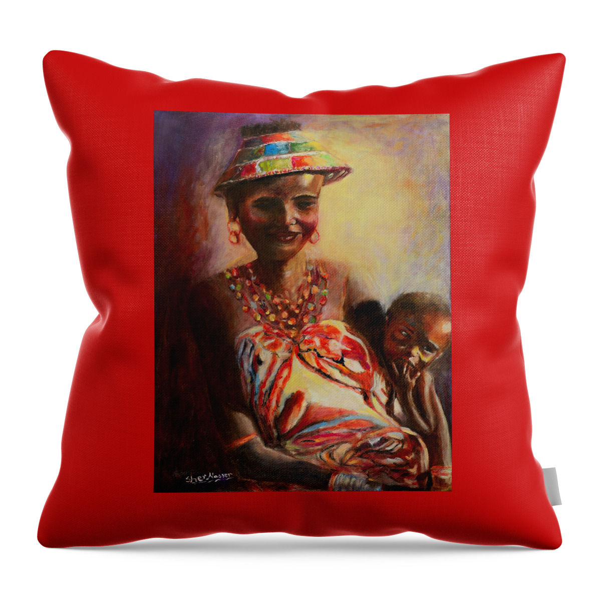 African Mother Throw Pillow featuring the painting African Mother and Child by Sher Nasser