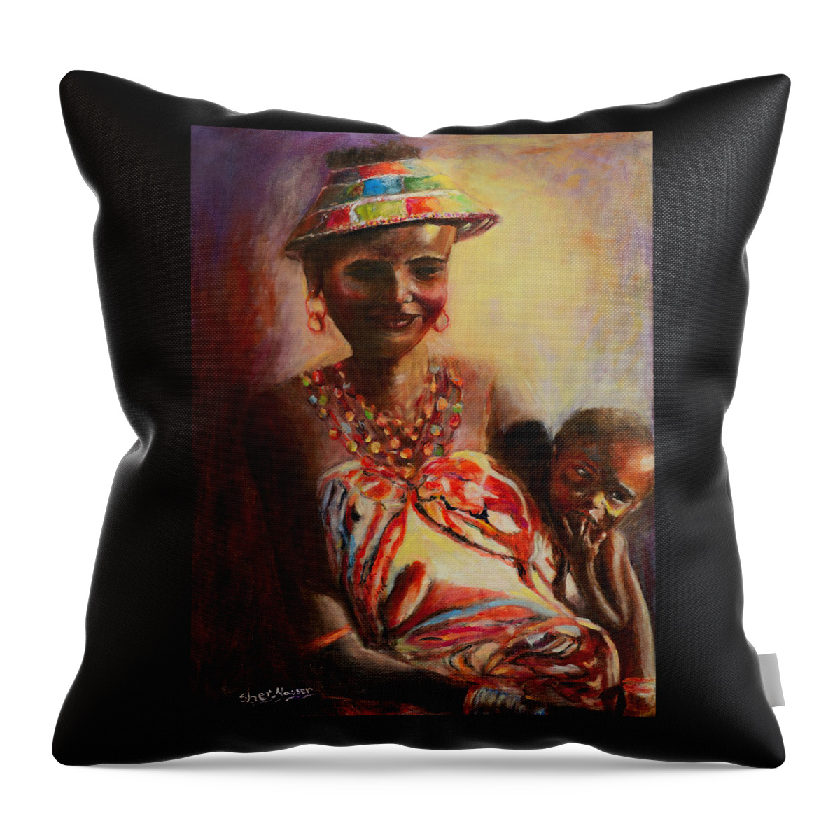 Sher Nasser Artist Throw Pillow featuring the painting African Mother and Child by Sher Nasser Artist