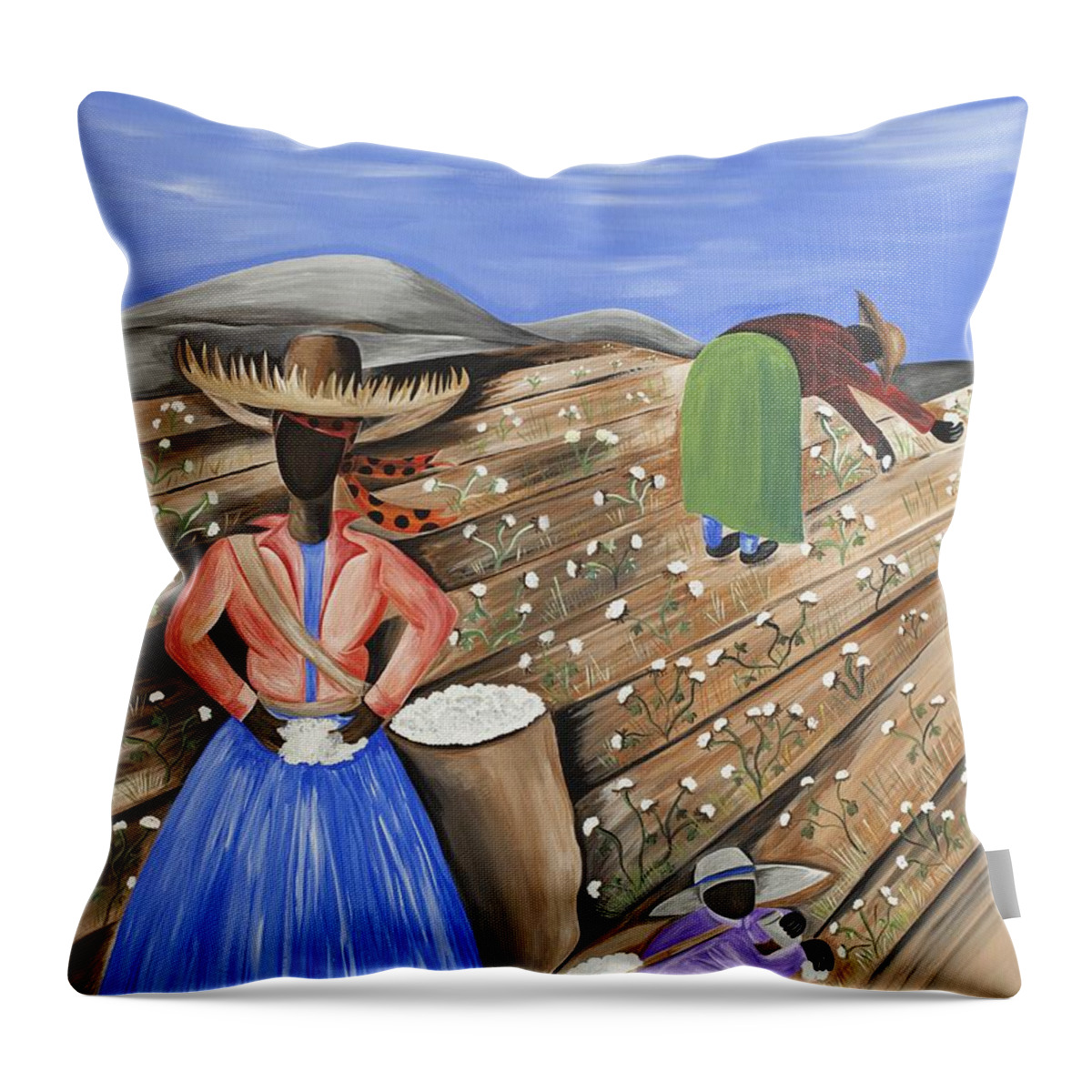 Gullah Art Throw Pillow featuring the painting Cotton Pickin' Cotton by Patricia Sabreee