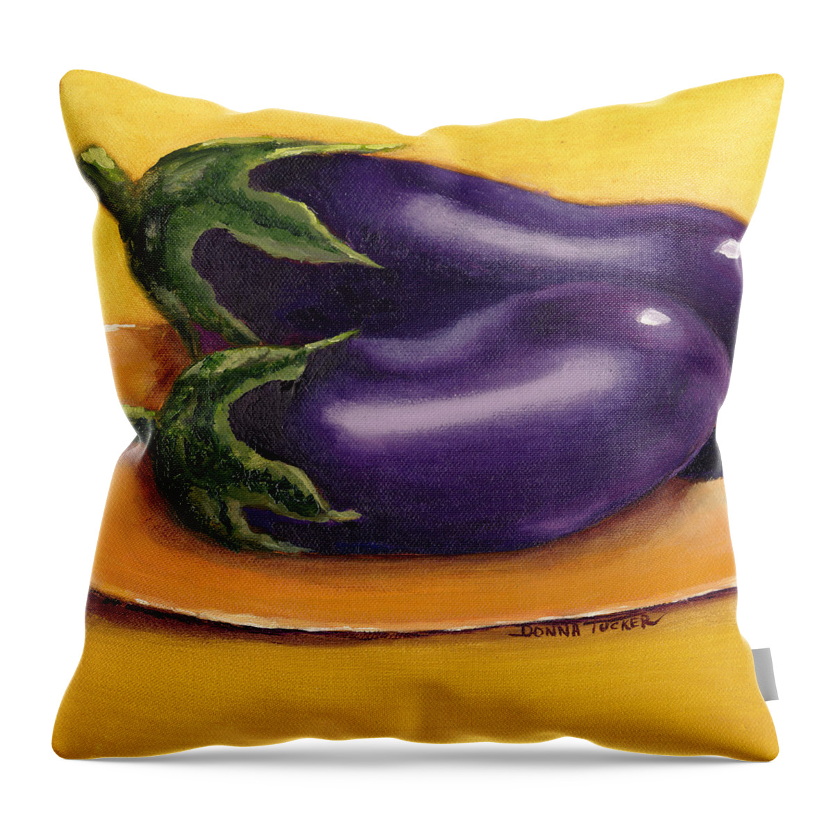 Purple Throw Pillow featuring the painting 2 Eggplants on a Plate by Donna Tucker