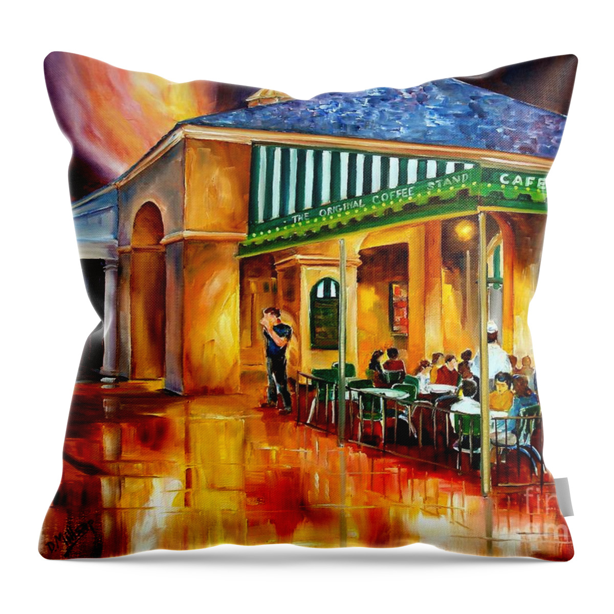 New Orleans Throw Pillow featuring the painting Midnight at the Cafe Du Monde by Diane Millsap