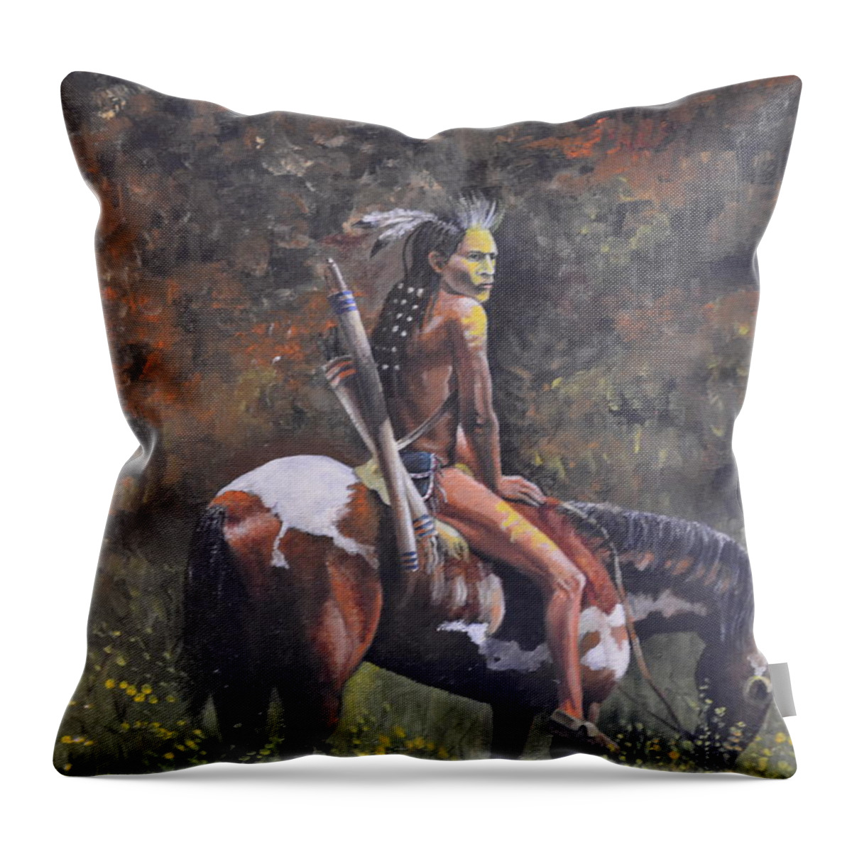 American Indian Sitting On A Painted Pony In The Woods Throw Pillow featuring the painting Painted Pony by Martin Schmidt