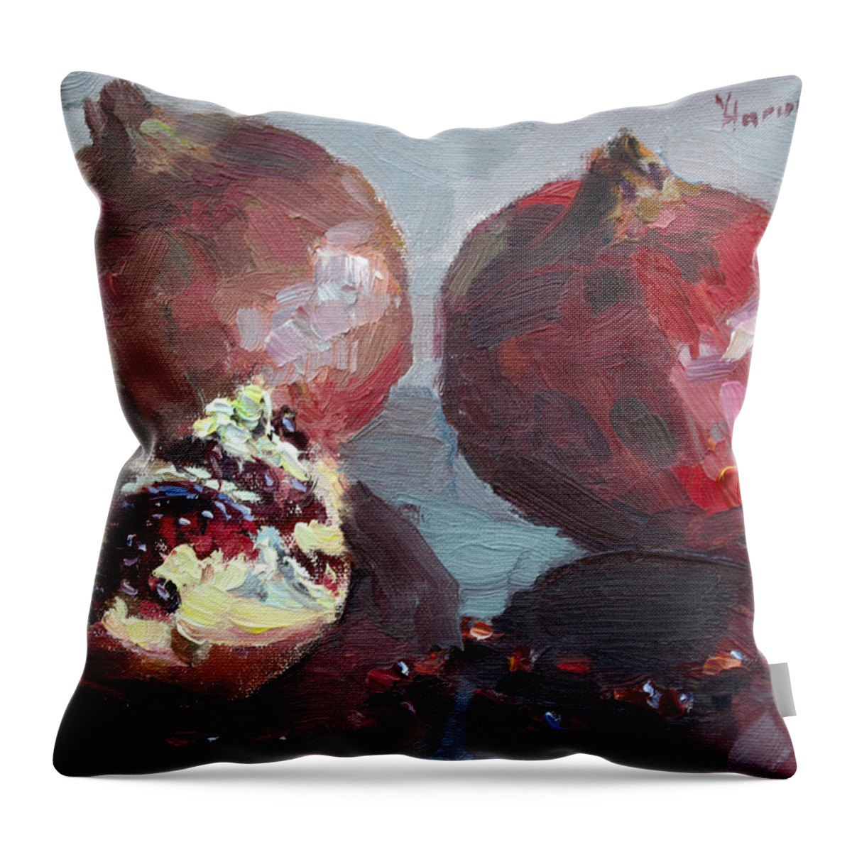Pomegranates Throw Pillow featuring the painting Pomegranates by Ylli Haruni