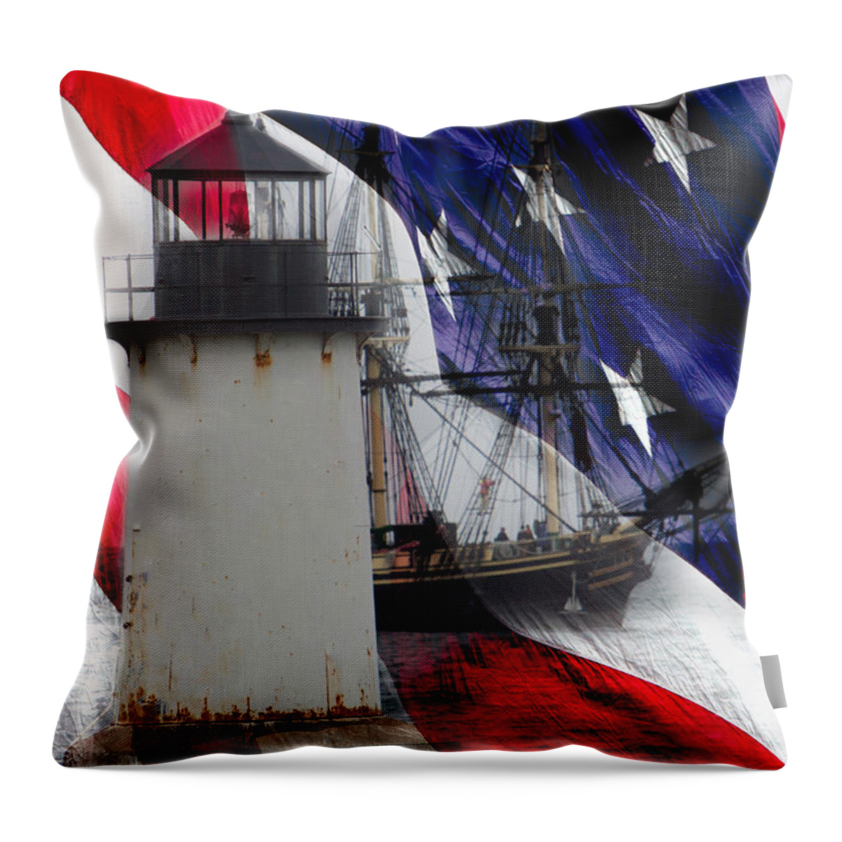  Lighthouses Of New England Throw Pillow featuring the photograph Salem's Friendship sails past Fort Pickering Lighthouse by Jeff Folger