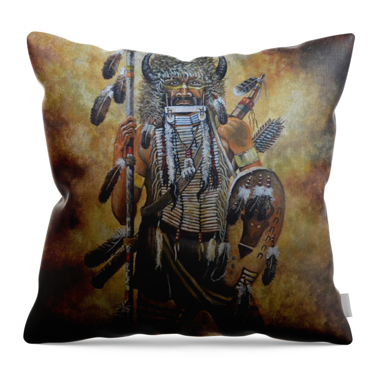 A Portrait Of Two Crows A Cheyenne Warrior Who Fought Against The 7th Cavalary. He Is Wearing His Buffalo Hat And Has Is Spear Throw Pillow featuring the painting Two Crows by Martin Schmidt
