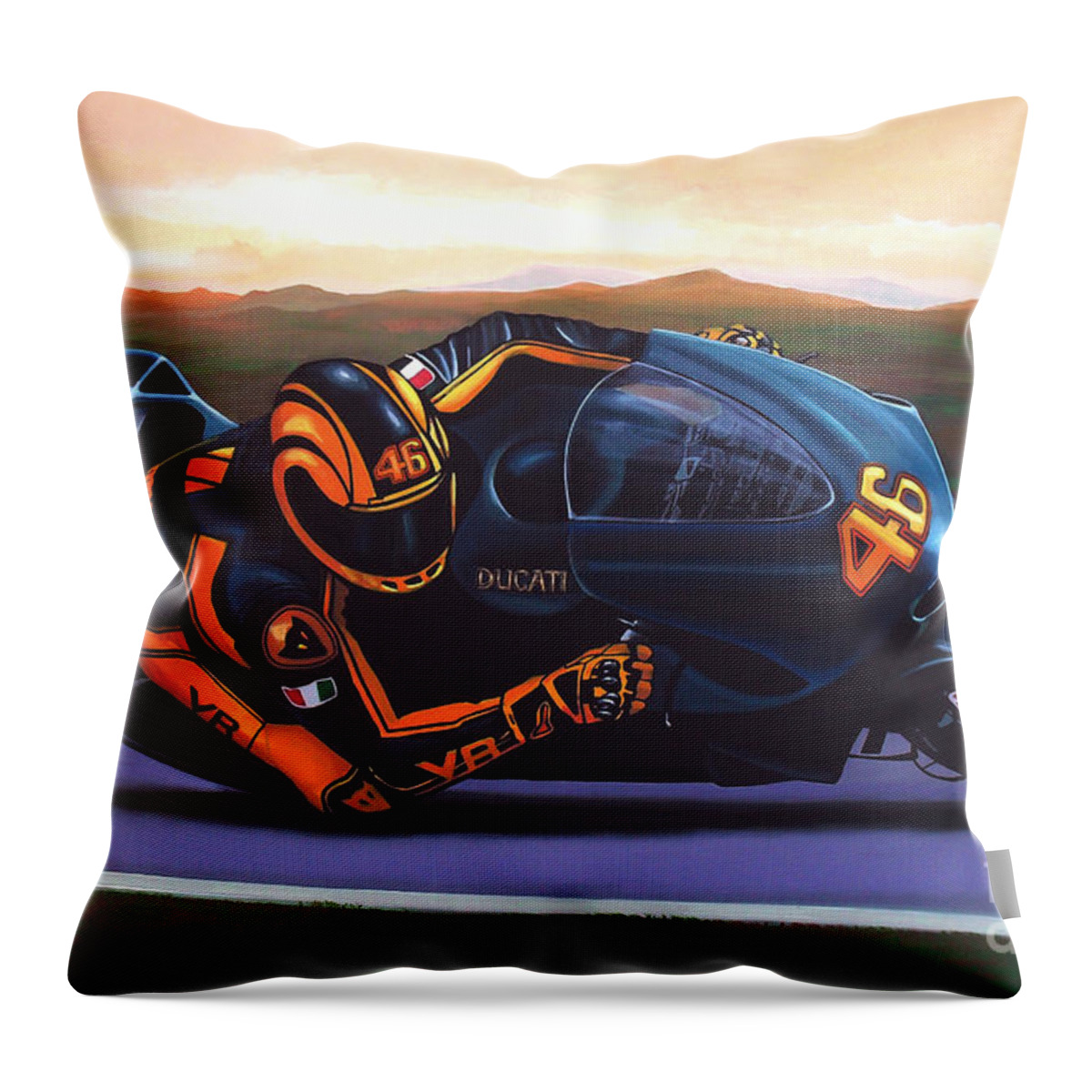 Valentino Rossi Throw Pillow featuring the painting Valentino Rossi on Ducati by Paul Meijering