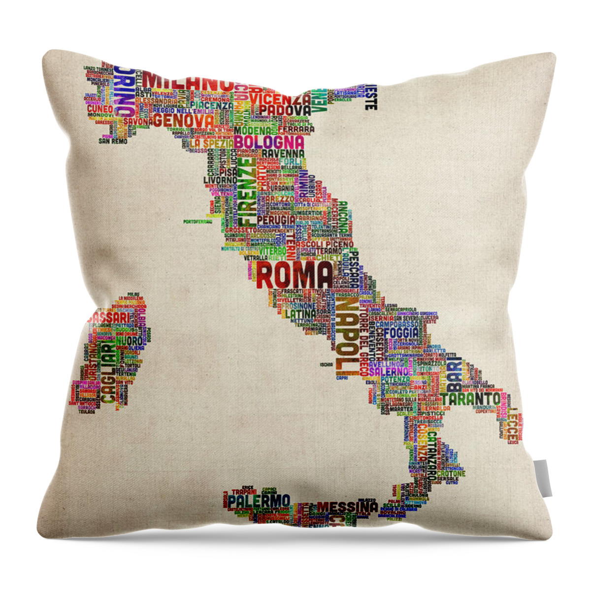 italy Map Throw Pillow featuring the digital art Text Map of Italy Map by Michael Tompsett