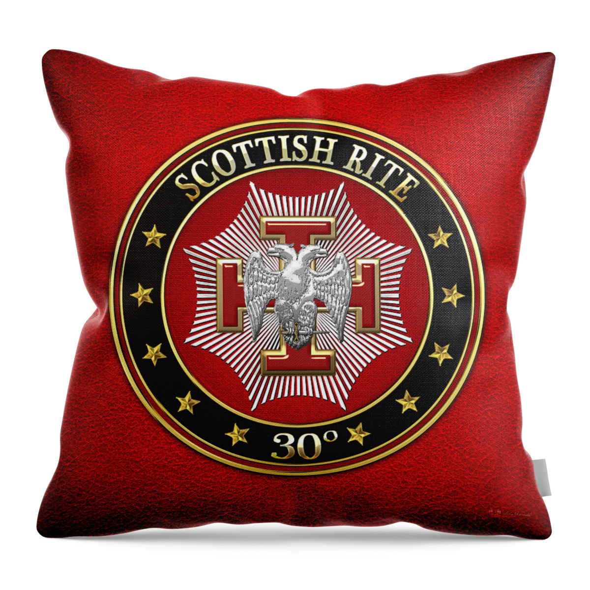 'scottish Rite' Collection By Serge Averbukh Throw Pillow featuring the digital art 30th Degree - Knight Kadosh Jewel on Red Leather by Serge Averbukh