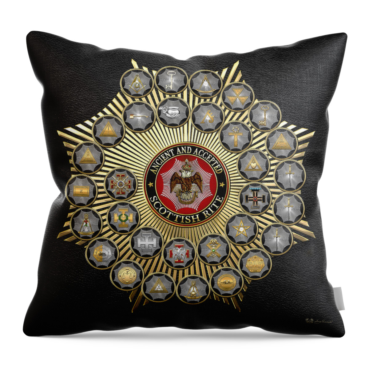 'scottish Rite' Collection By Serge Averbukh Throw Pillow featuring the digital art 33 Scottish Rite Degrees on Black Leather by Serge Averbukh