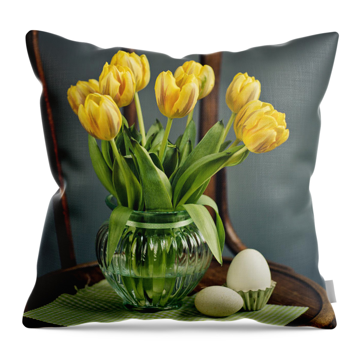 Tulip Throw Pillow featuring the photograph Still Life with Yellow Tulips by Nailia Schwarz