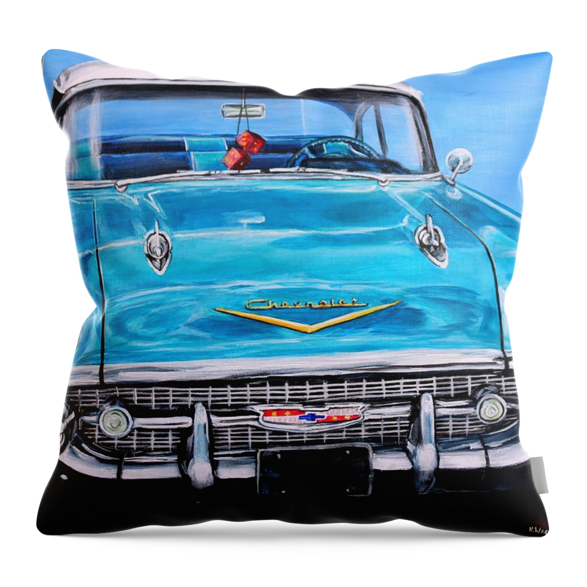 Chevy Throw Pillow featuring the painting '57 Chevy Front End by Karl Wagner