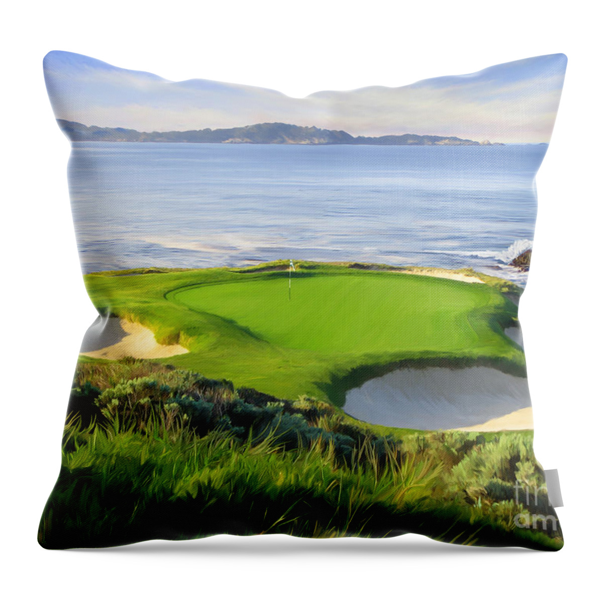 7th Hole Throw Pillow featuring the painting 7th Hole At Pebble Beach by Tim Gilliland