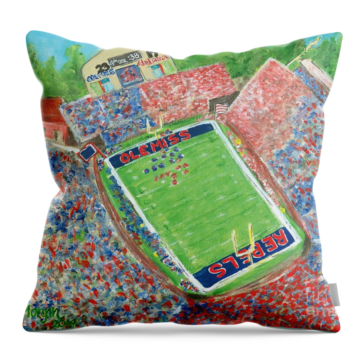 Ole Miss Throw Pillow featuring the painting A Big Win in Oxford Ole Miss Alabama Game by Tay Morgan
