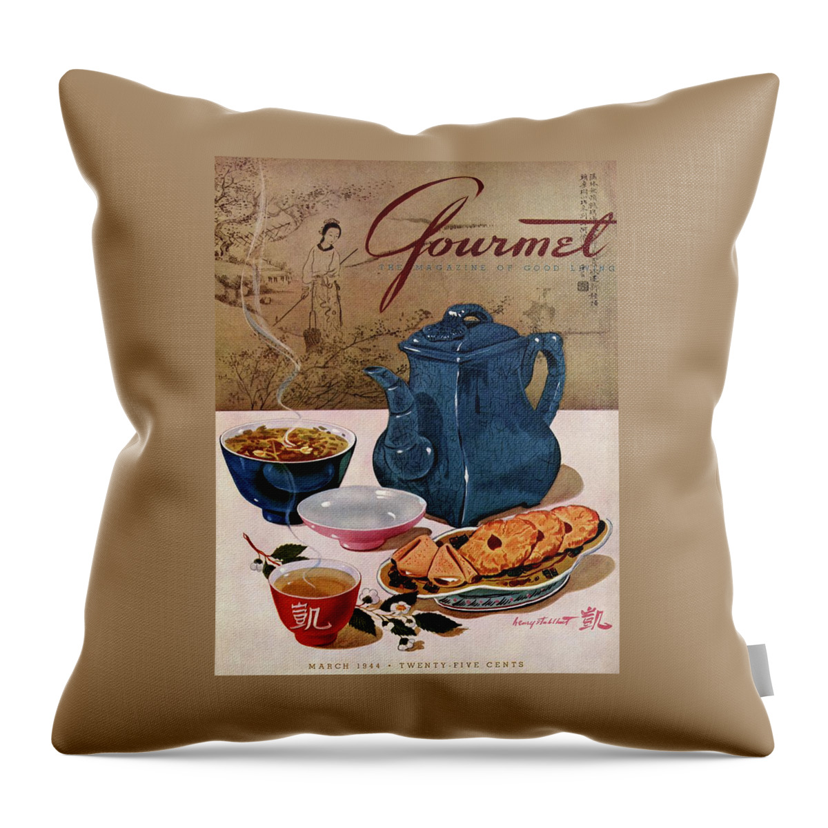 A Chinese Tea Pot With Tea And Cookies Throw Pillow
