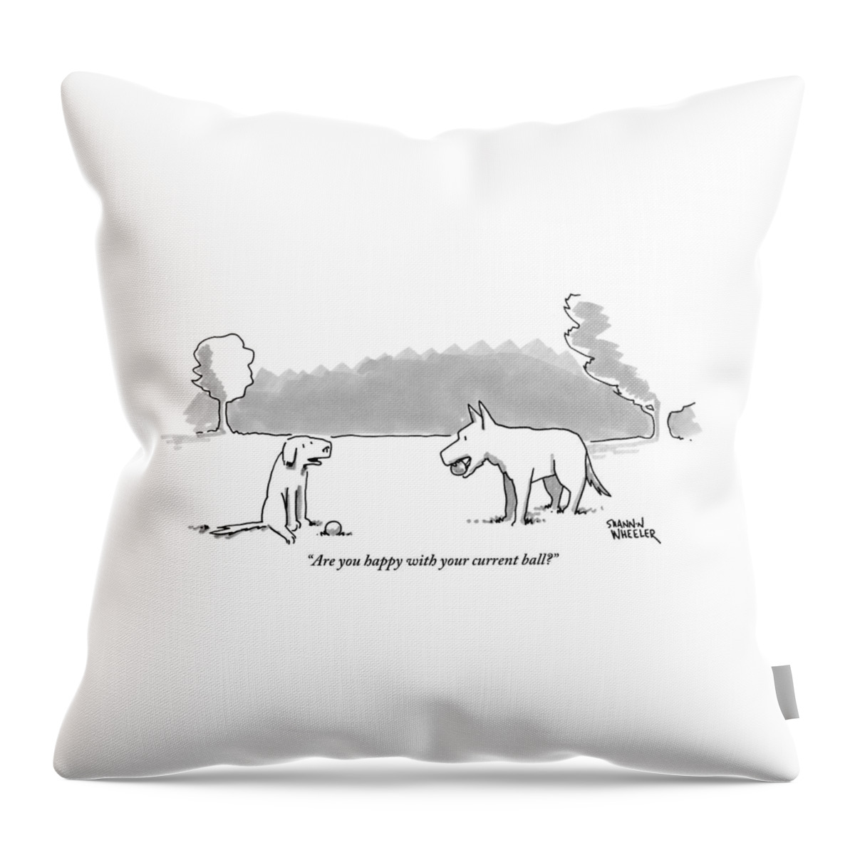 A Dog Sits With A Ball At His Feet. Another Dog Throw Pillow