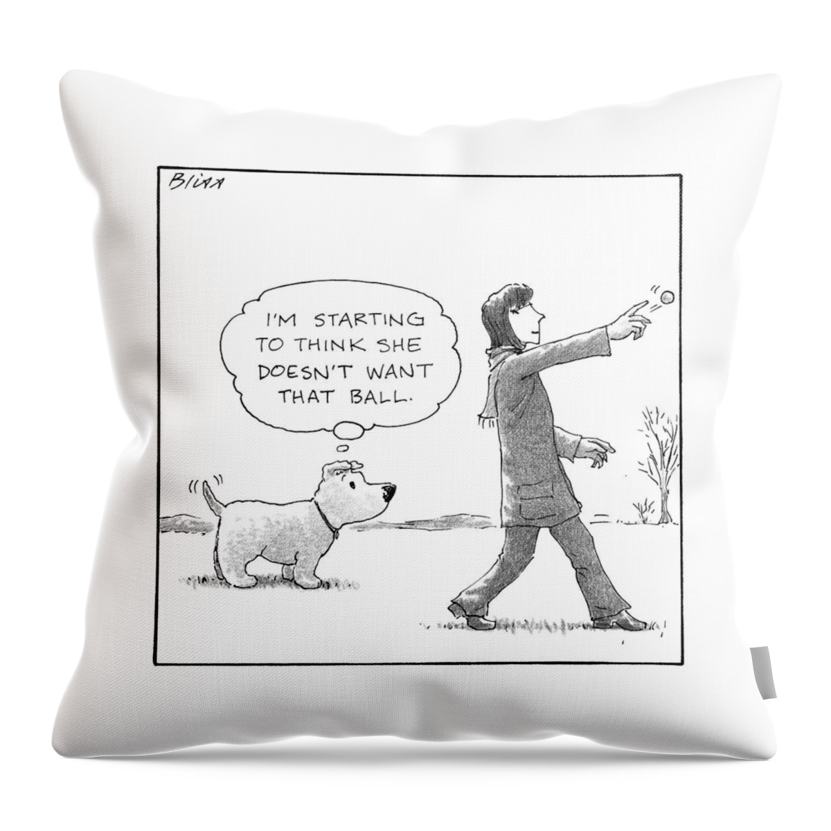 A Dog Thinks To Himself As A Woman Throws A Ball Throw Pillow