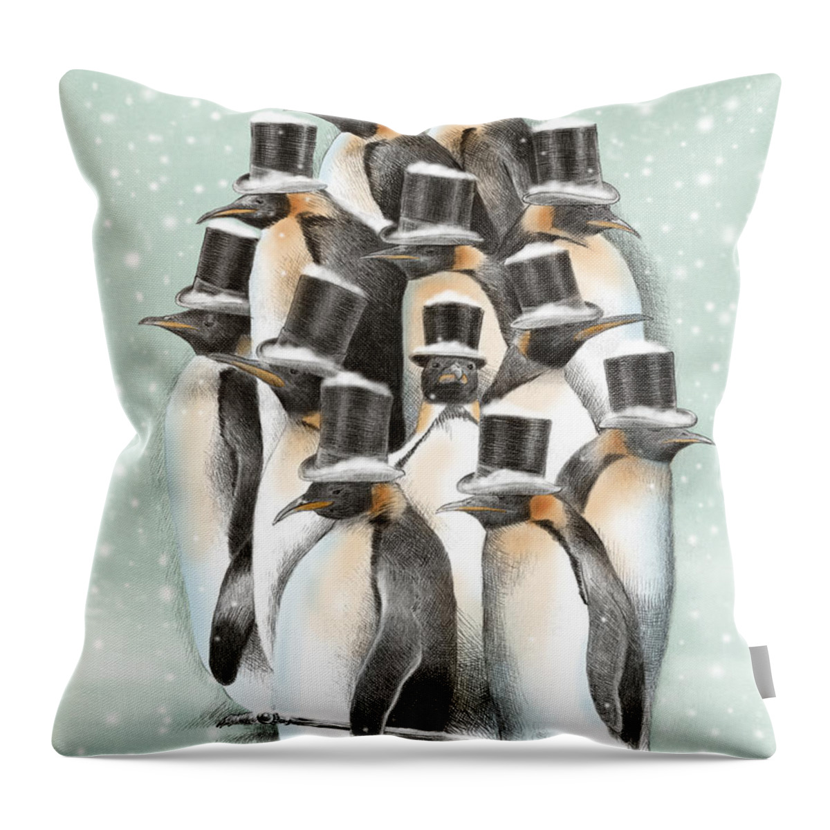 Penguins Throw Pillow featuring the drawing A Gathering in the Snow by Eric Fan